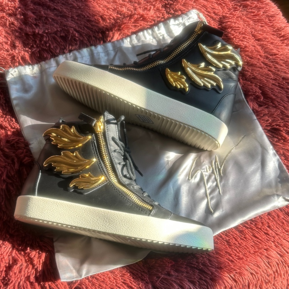 Giuseppe Zanotti Leather High-Top Gold Wing Sneakers - Size 43